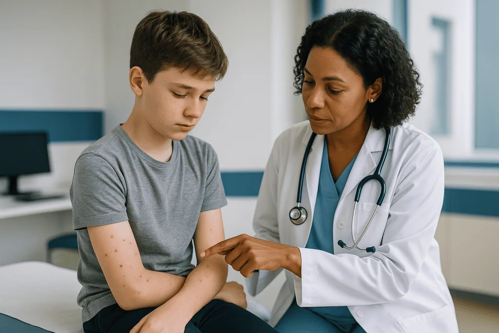 Doctor examining child's arm with visible skin rash — Why do some chickenpox spots leave scars and others don't?