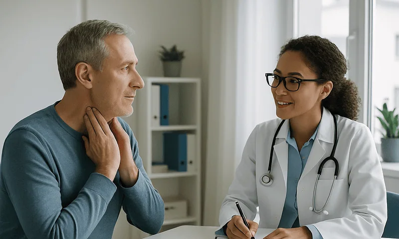 Doctor consulting with a patient about voice therapy options.