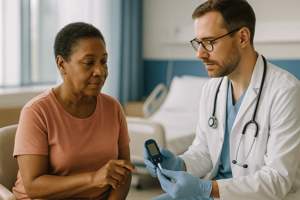 Doctor showing glucose meter to patient in clinical setting: Why do teams measure blood ketones rather than urine ketones?
