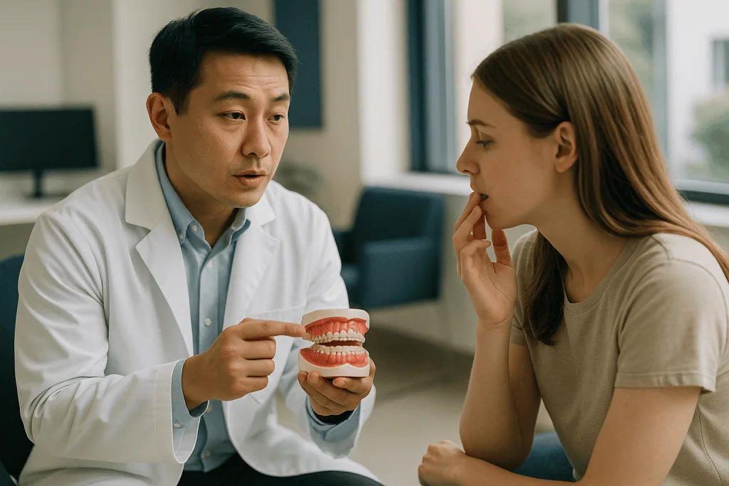 Dentist consulting patient about dental model: Why do teeth move after braces? The biology of relapse