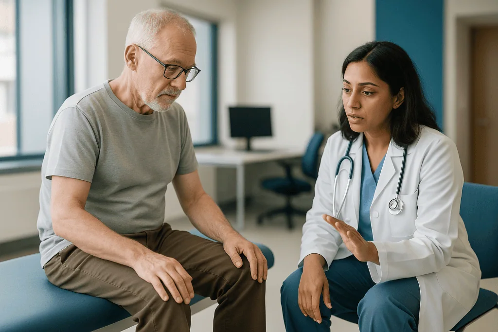 Doctor consulting with older male patient in clinic: Why do the legs stiffen in HSP? The mechanism behind the symptom
