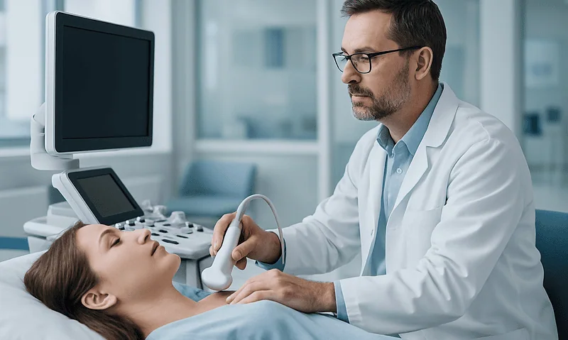 Doctor performing an ultrasound on a patient in a hospital room.
