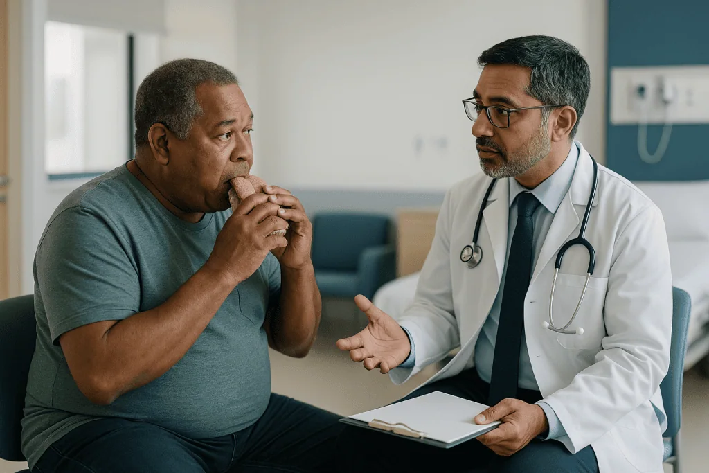 Doctor consulting patient about general health matters: Why do varices form, and why do doctors worry about them?