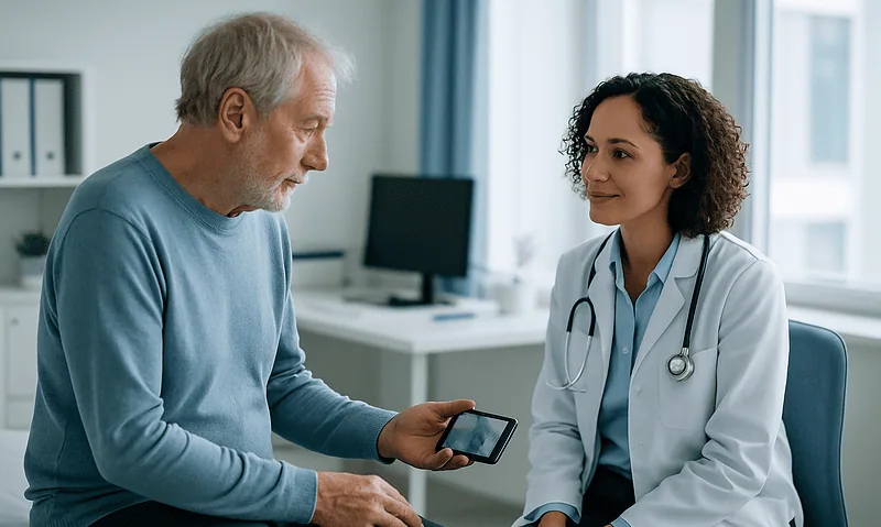 Doctor showing movement video to elderly patient in clinic.