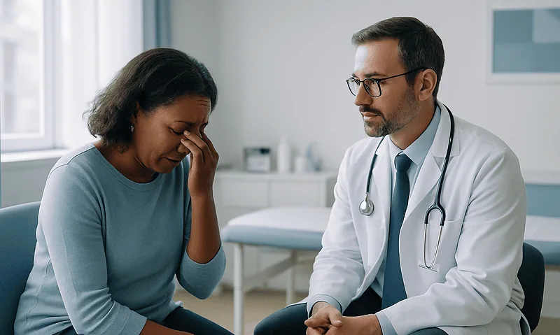 Doctor comforting a woman experiencing emotional distress in a medical office.