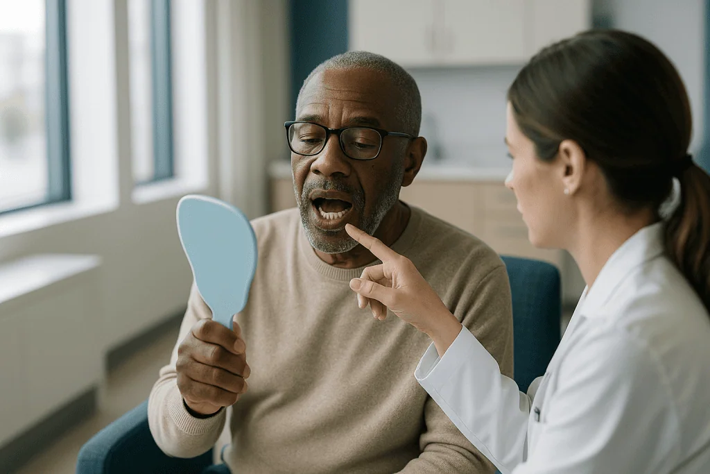 Dentist or healthcare provider examining patient's mouth: Why do you have to get your teeth checked before heart surgery?