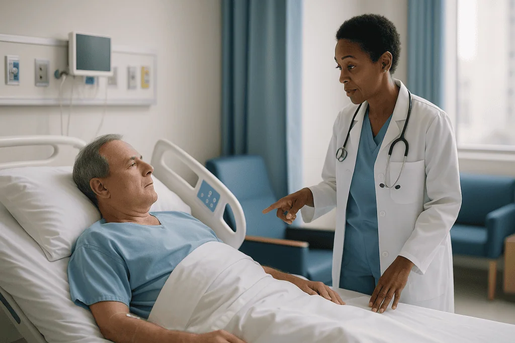 Doctor consulting with patient in hospital bed: Why do you have to lie flat after an EP study?