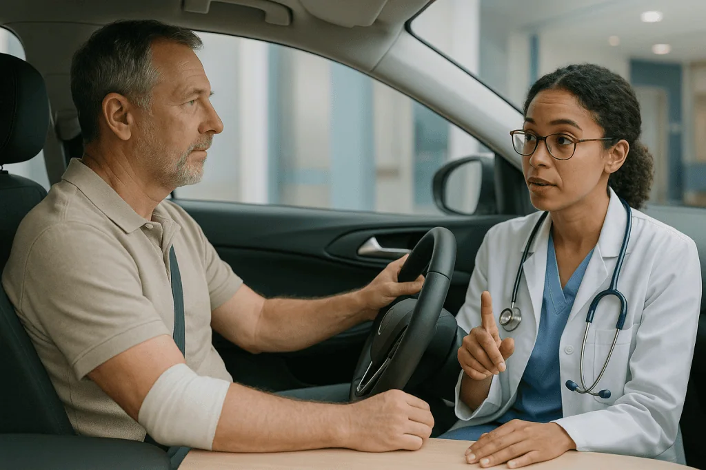 Doctor consulting patient driver in car about recovery: Why do you have to wait 6 weeks after surgery to drive?