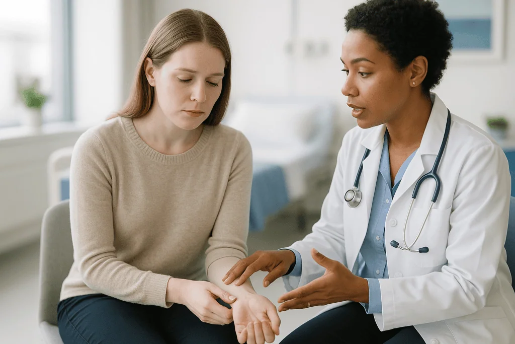 Female doctor examining patient's hand during consultation — Why do you look pale — and where paleness actually shows
