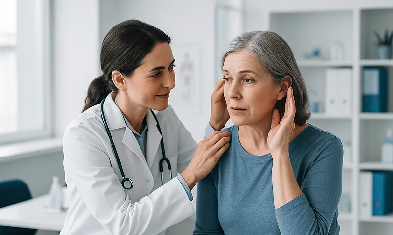 Doctor examining an elderly woman's ears in a medical clinic setting.