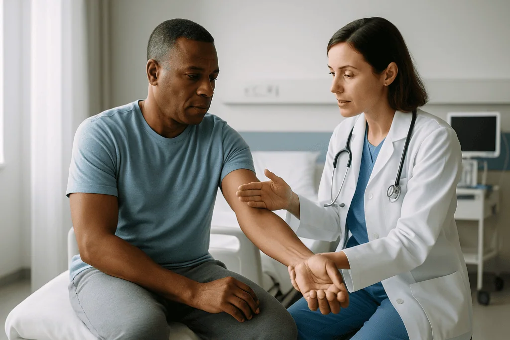 Doctor examining patient's arm during consultation: Why doctors check nerves and pulses before a dislocated shoulder is put 