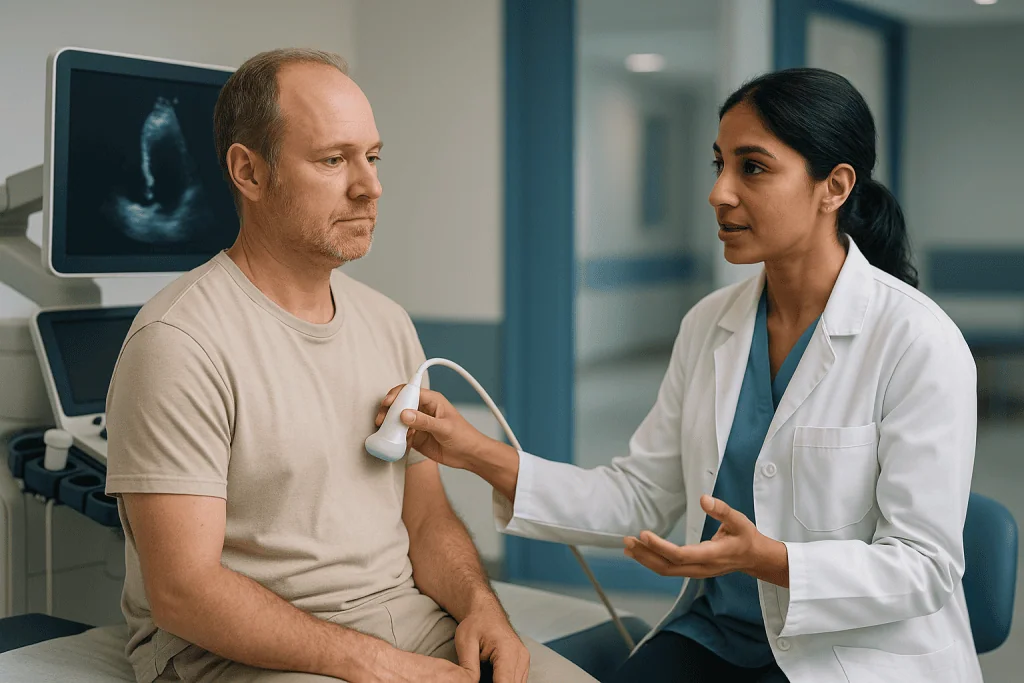 Doctor performing cardiac ultrasound on male patient: Why doctors still start with an echocardiogram
