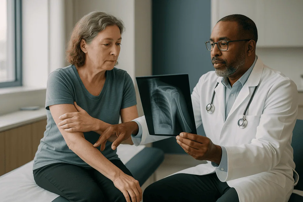 Doctor reviewing shoulder X-ray with adult patient: Why doctors take an X-ray before and after putting the shoulder back