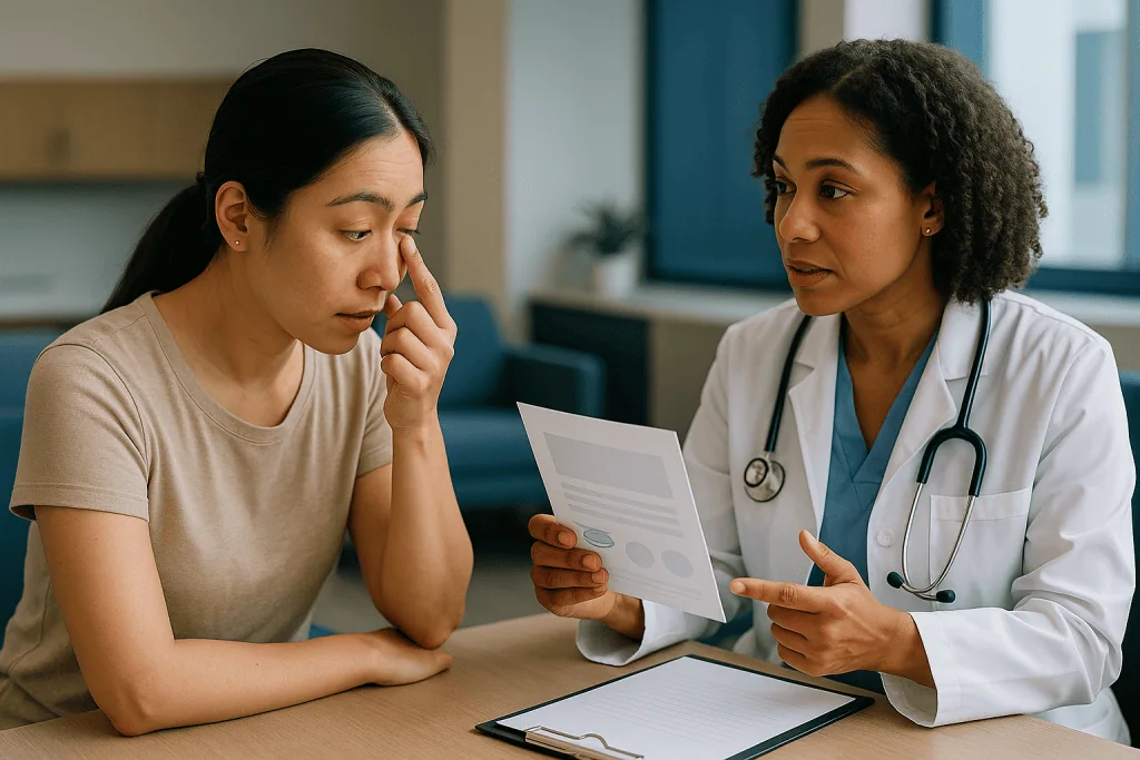 Doctor consulting patient with medical document in office: Why doctors treat conjunctivitis in contact lens wearers more cau