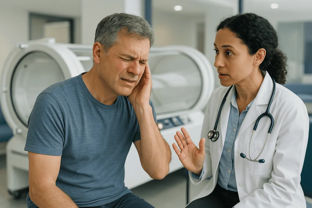 Doctor consulting patient about ear or head discomfort — Why does a hyperbaric chamber cause ear pain and pressure?
