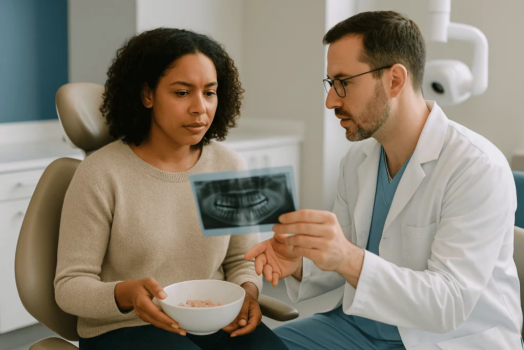 Dentist showing X-ray image to patient in clinic: Why does a root canal X-ray come before anything else?