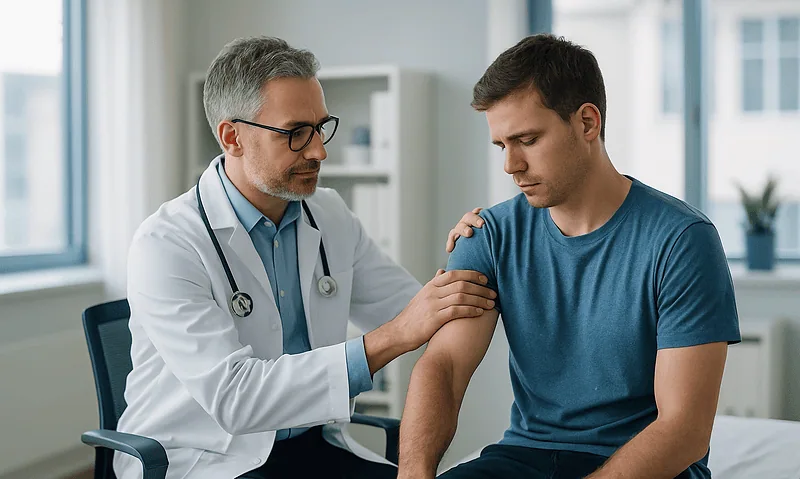 Doctor examining young man's shoulder for dislocation or instability.