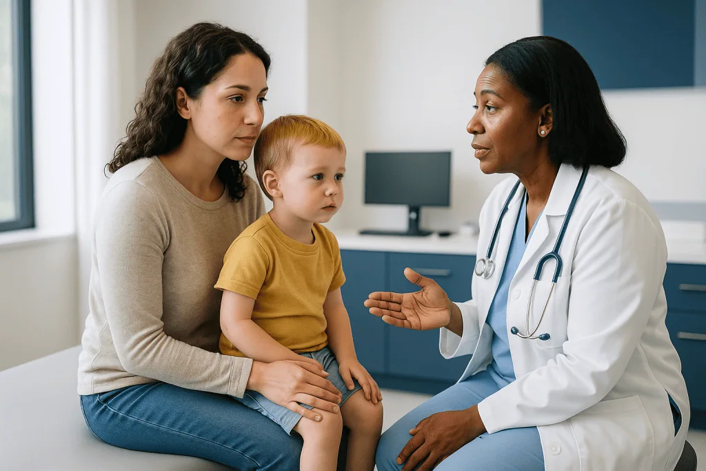 Pediatrician consulting with mother and young child — Why does a small dip in vaccination cause a big jump in cases?