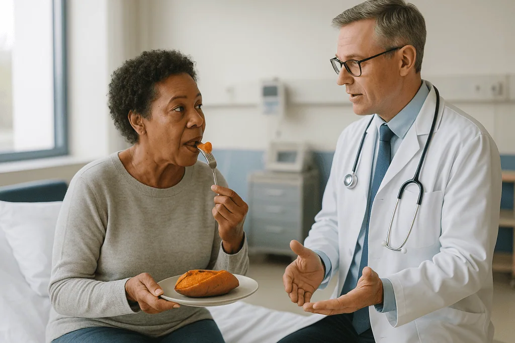 Doctor consulting patient holding sweet potato food — Why does a sweet potato fill you up so well?