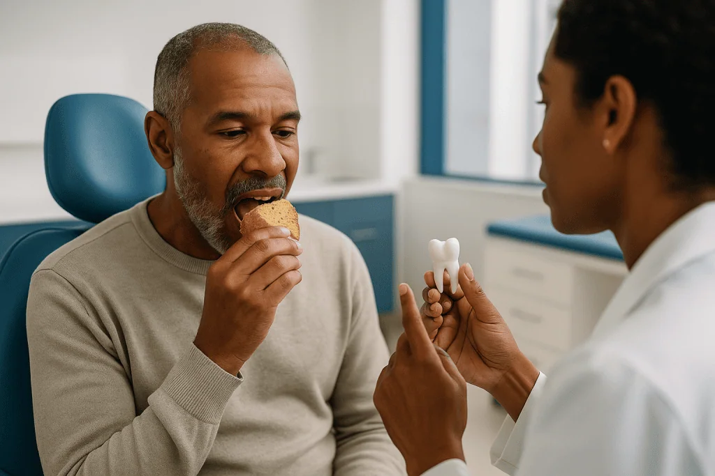 Patient eating food during dental consultation with dentist: Why does a tooth need a crown after a root canal?