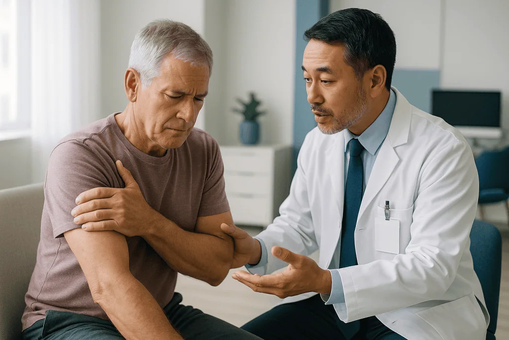 Doctor examining senior patient's shoulder in clinic: Why does a torn rotator cuff tendon not heal on its own?
