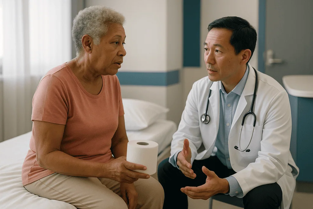 Doctor consulting with older female patient in hospital room: Why does a urologist care about your bowel in the first place?