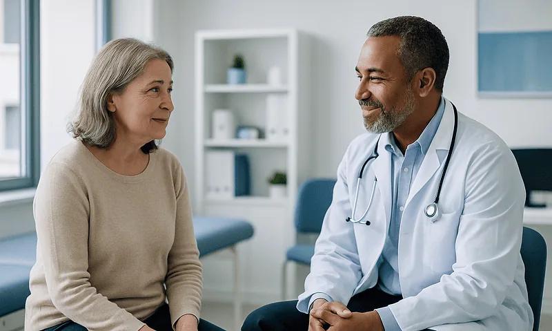 Doctor consulting with an elderly female patient in a medical office.