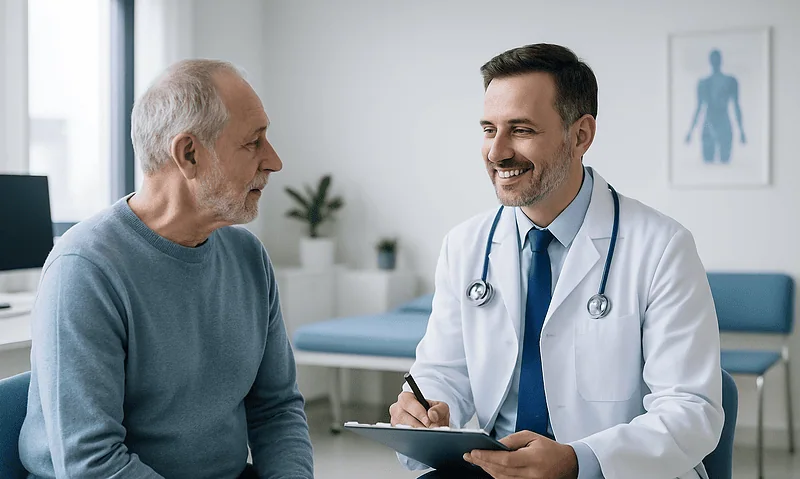 Doctor consulting with an elderly male patient in a medical office.