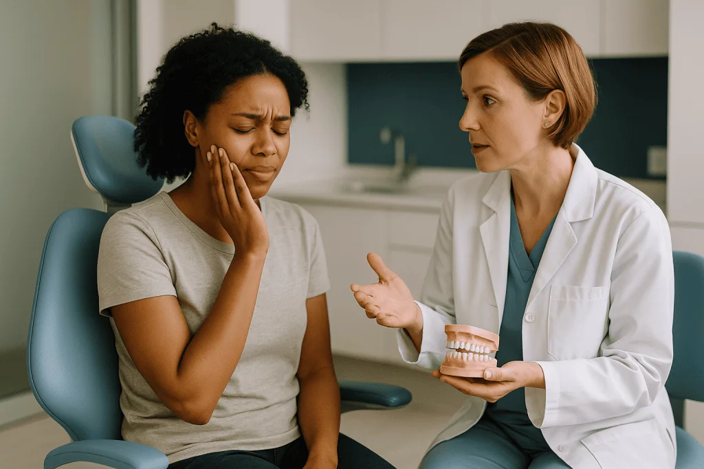 Dentist consulting patient about dental care in clinic: Why does after dental cleaning sensitivity happen?