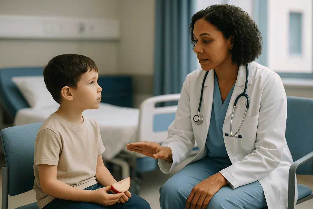 Female doctor consulting young boy with apple snack: Why does an acid imbalance slow a child's growth?