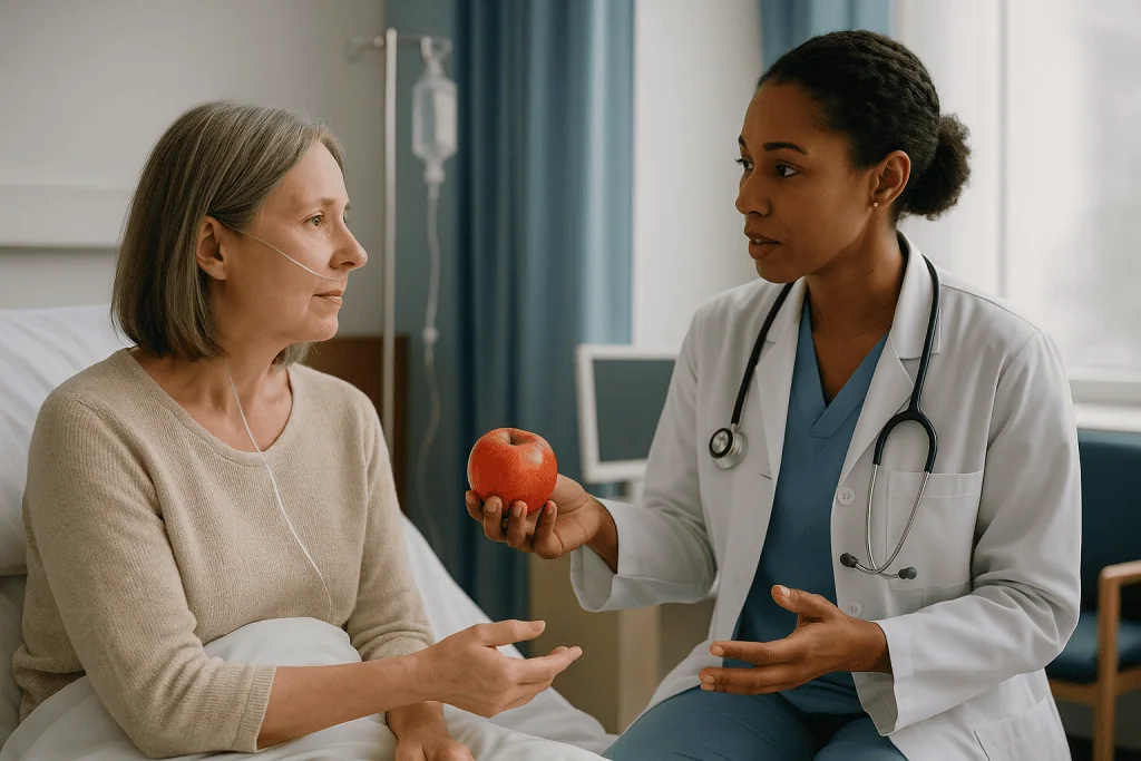 Doctor consulting patient about healthy diet with apple: Why does aplastic anemia call for a transplant when it is not a can
