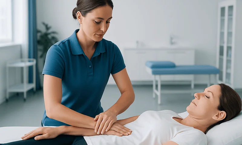 Healthcare professional performing physical examination on patient in clinic.