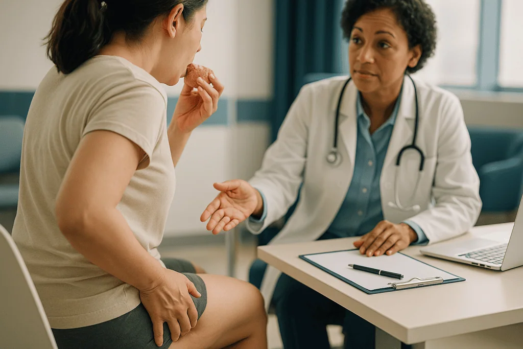 Doctor consulting patient in clinical office setting: Why does cellulite form in the first place?