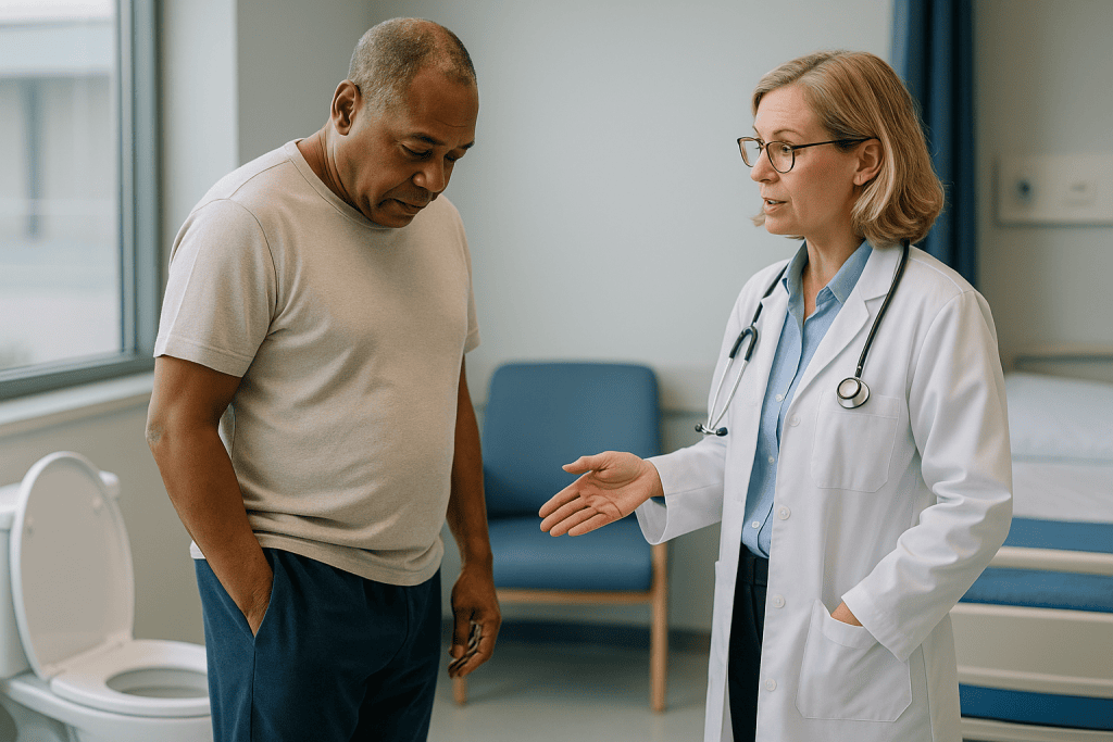 Doctor consulting with male patient in clinic room: Why does cryoablation change how you urinate?