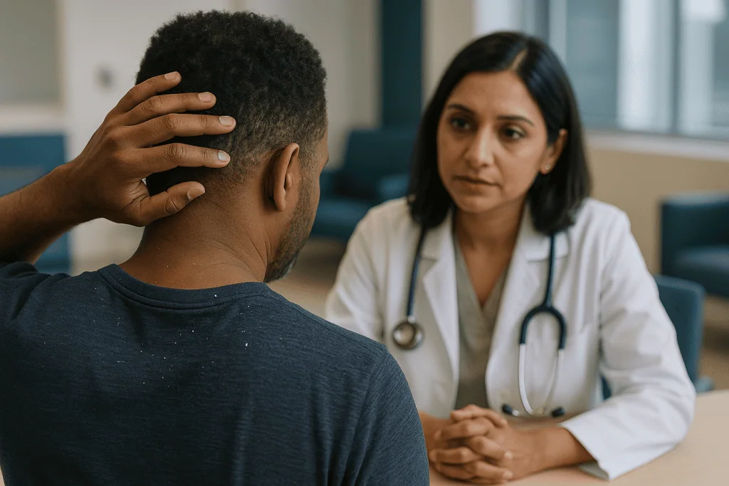 Doctor consulting with male patient about head or neck concern: Why does dandruff keep coming back when you stop early?