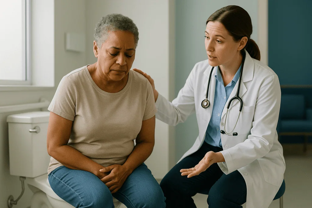 Doctor consulting with patient about abdominal pain: Why does diarrhea from targeted therapy happen?