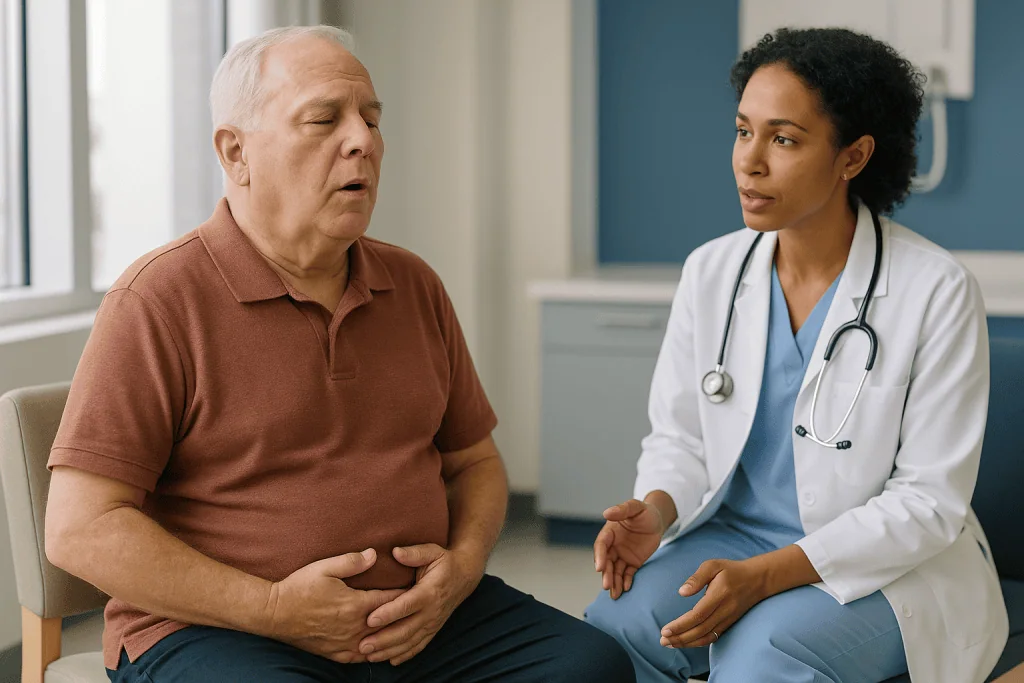 Doctor consulting senior male patient about abdominal pain: Why does DKA cause Kussmaul respirations?