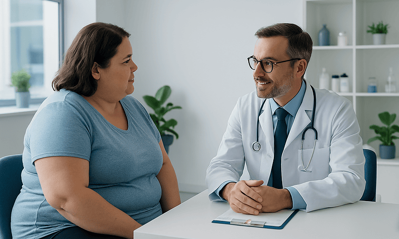 Doctor consulting with a patient about gastric bypass and dumping syndrome.