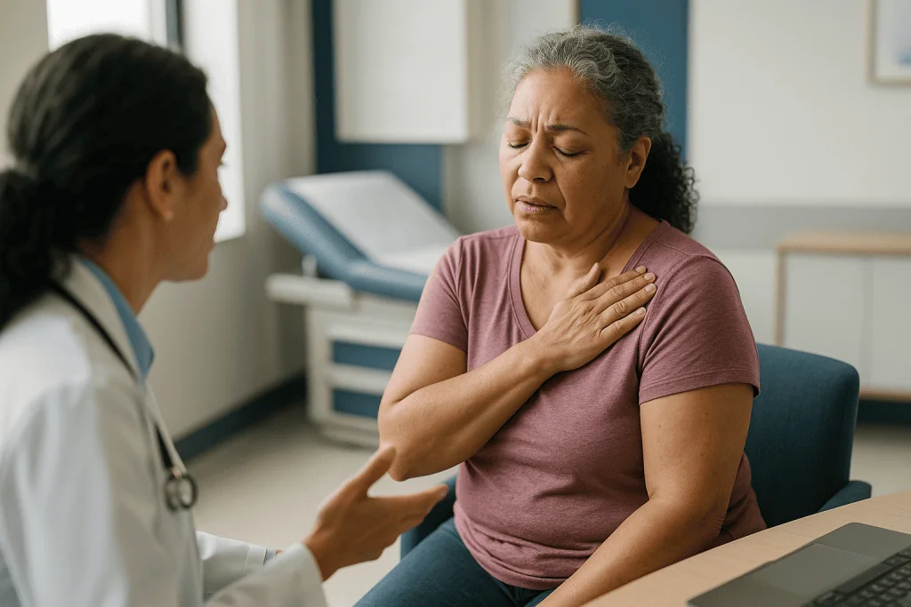 Healthcare provider consulting patient about chest/shoulder pain: Why does exercise hurt more when you have fibromyalgia?