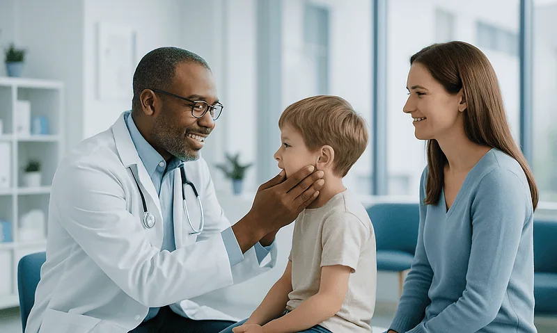 Pediatric doctor examining a young boy with his mother in a clinic.