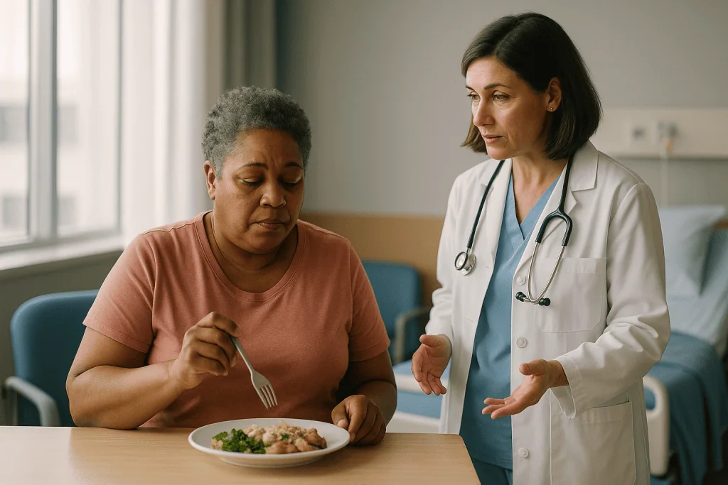 Doctor discussing nutrition with patient eating meal: Why does fluid build up around the lungs in the first place?