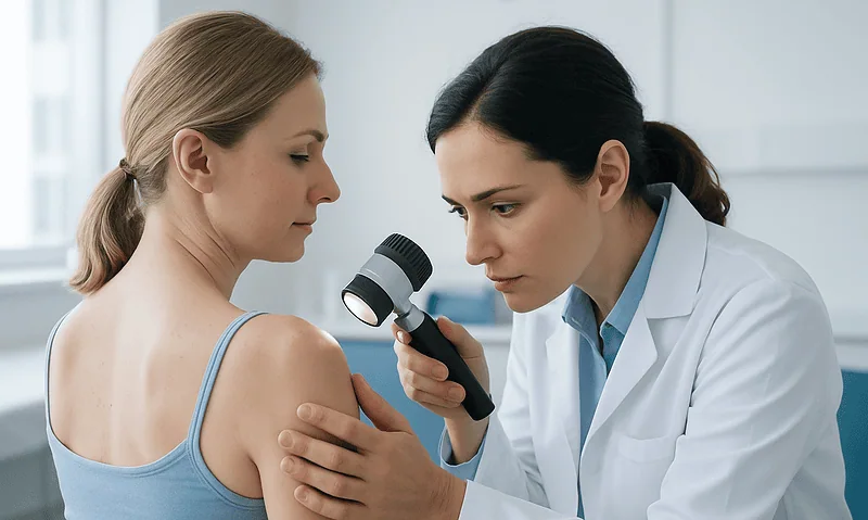 Dermatologist examining a patient's skin with a magnifying glass in a clinical setting.