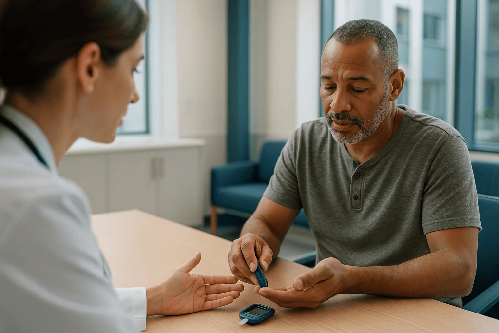 Healthcare provider consulting with patient about medical device: Why does glucose control sit at the center of diabetic aut