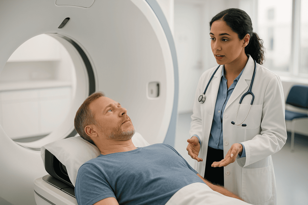 Doctor explaining CT simulation scan to male patient: Why does IMRT depend so heavily on a planning CT?
