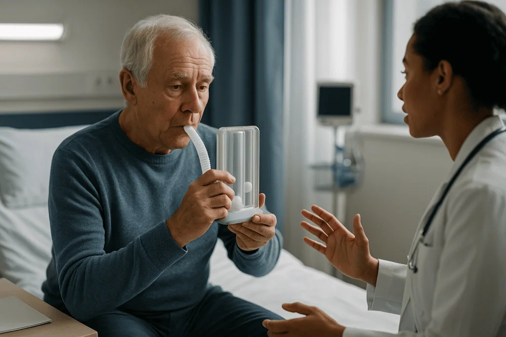 Elderly patient using inhaler with healthcare provider: Why does lung infection treatment for older adults start from a diff