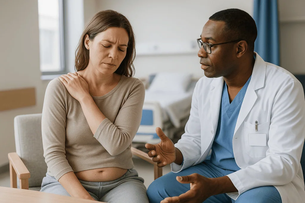 Doctor consulting with patient about abdominal pain — Why does my shoulder hurt? Shoulder pain after laparoscopy explained