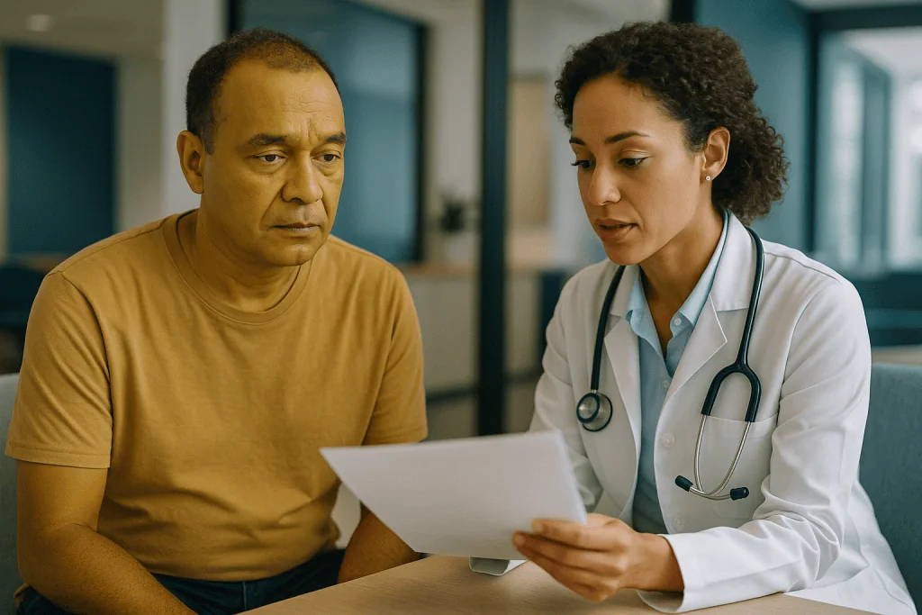 Doctor consulting patient with medical document: Why does my skin turn yellow after fluorescein angiography?