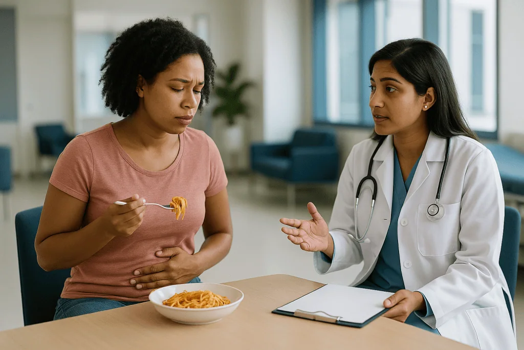 Doctor consulting patient about digestive stomach symptoms — Why does my stomach produce so much sound?
