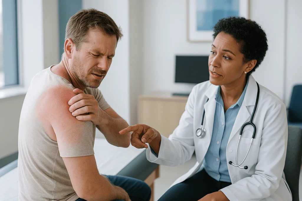 Doctor examining patient's shoulder during consultation: Why Does My Sunburn Itch So Bad?
