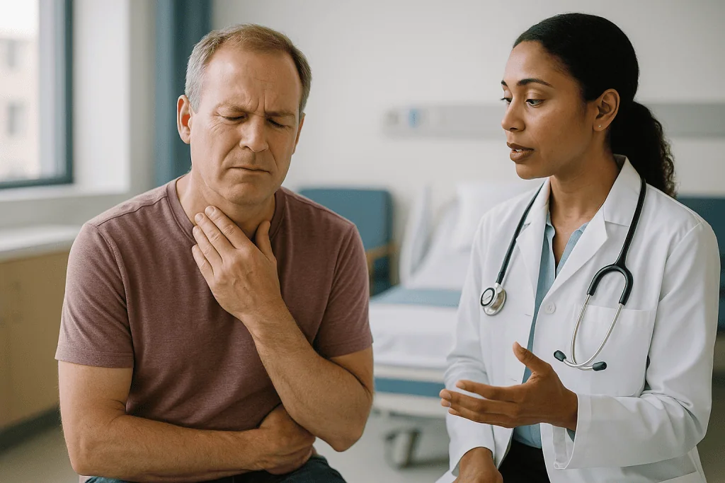Doctor consulting male patient about throat discomfort: Why does my throat and chest hurt after Barrett's ablation?